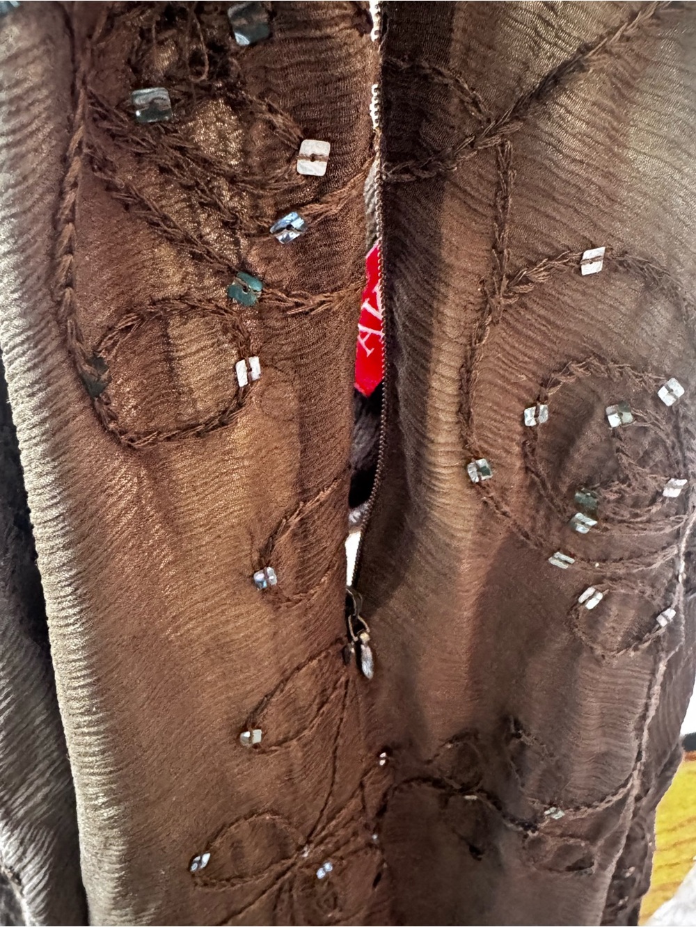 Anne Klein NEW Y2K 100% Silk Sheer Embroidered Sequin Midi Skirt Brown 4 Boho - Picture 9 of 16